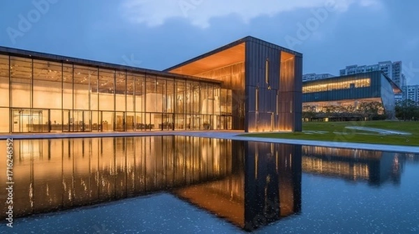 Fototapeta Modern architectural building with glass facade and water reflection at dusk