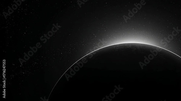 Fototapeta Silhouette of a celestial body with a glowing horizon against a star-filled space background