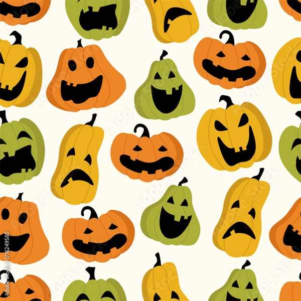 Fototapeta Halloween seamless pattern with jack-o'-lantern pumpkins and spooky faces. Halloween design for Wrapping Paper, Backgrounds, prints, fabric.