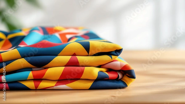 Obraz Stacked geometric patterned fabric provides a bright vibrant design element sitting on a wooden