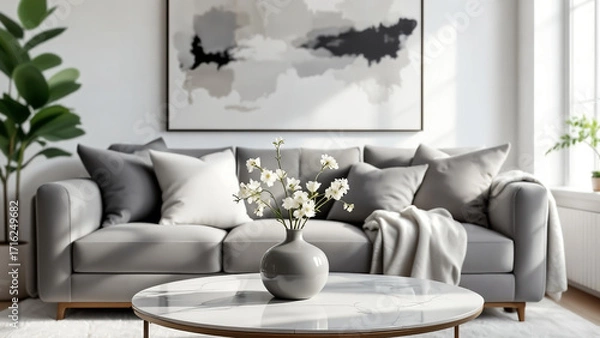 Fototapeta Stylish monochrome living room arrangement exudes modern serenity with inviting comfort