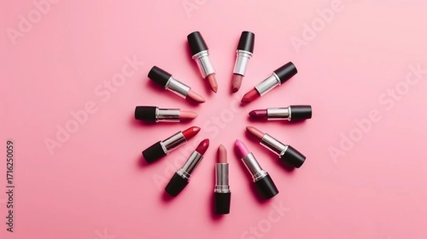 Fototapeta Circular arrangement of lipsticks in various shades on a pink background