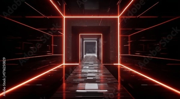 Fototapeta Futuristic corridor with red neon lighting and reflective floor leading into darkness