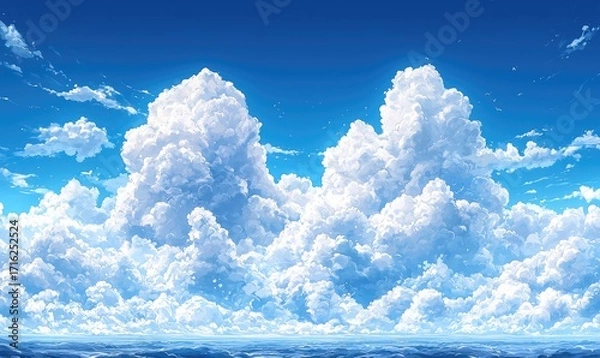 Obraz A vast expanse of cumulus clouds against a vibrant blue sky.  A serene, digital art piece