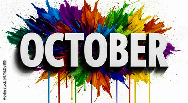 Fototapeta The word 'OCTOBER' is emblazoned across a vibrant explosion of colorful powder paint splashes and drips on a white background.