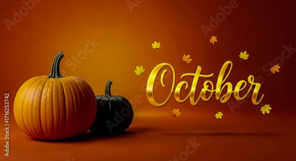 Fototapeta Two pumpkins, one large orange and one smaller dark green, sit on a warm orange surface with scattered golden autumn leaves and the word october