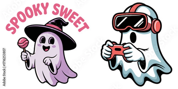 Fototapeta Cute Halloween Ghost Characters Vector Set - Spooky Sweet Witch and Gamer Ghosts