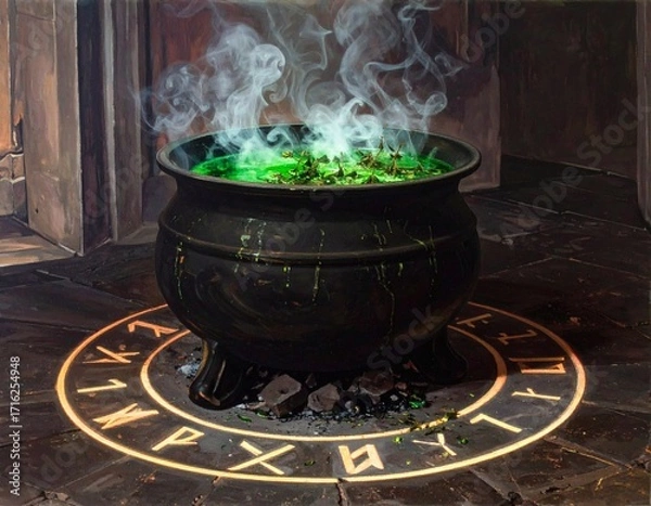 Fototapeta Spooky Halloween Cauldron with Mysterious Green Potion, Ghostly Effects, Scary Vibes, Mystical Atmosphere
