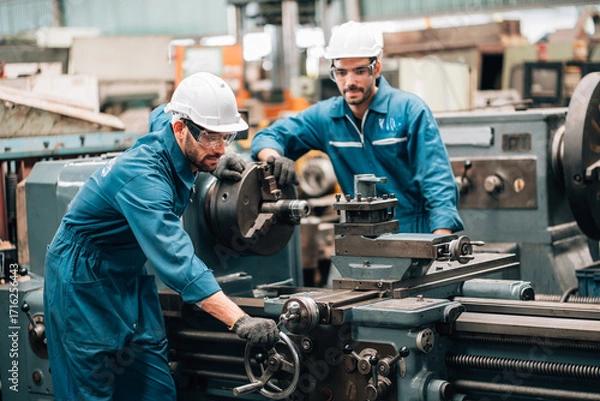 Fototapeta Two factory workers are collaborating on a large piece of industrial machinery. Both men are wearing blue jumpsuits, black work gloves, and white hard hats, with also wearing safety glasses.