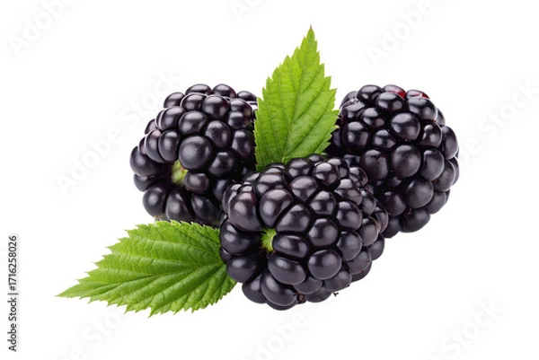Obraz Fresh blackberries with green leaves isolated