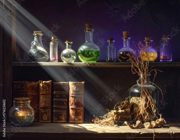 Fototapeta Spooky Halloween Ghostly Potion Shelf Scary Spells and Magical Brews