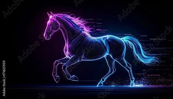 Fototapeta Dynamic Digital Horse Galloping - Abstract Neon Hologram with Glitching Effects and Fragmented Pixels, Illustrating Futuristic Speed and Technology