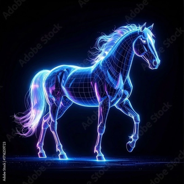 Fototapeta Vibrant digital horse-hologram - a radiant neon-lit wireframe illustration, capturing futuristic technology and dynamic energy against a dark, abstract setting