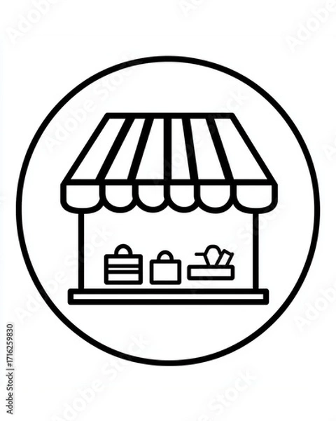 Fototapeta Storefront line icon inside circle with awning and display items representing marketplace