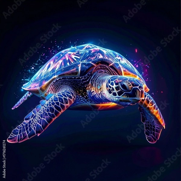 Fototapeta Energetic-Flow A Bioluminescent Sea Turtle with Vibrant Neon Patterns and Pulsating Light, Drifting Through a Dark, Futuristic, and Hypnotic Digital Abyss