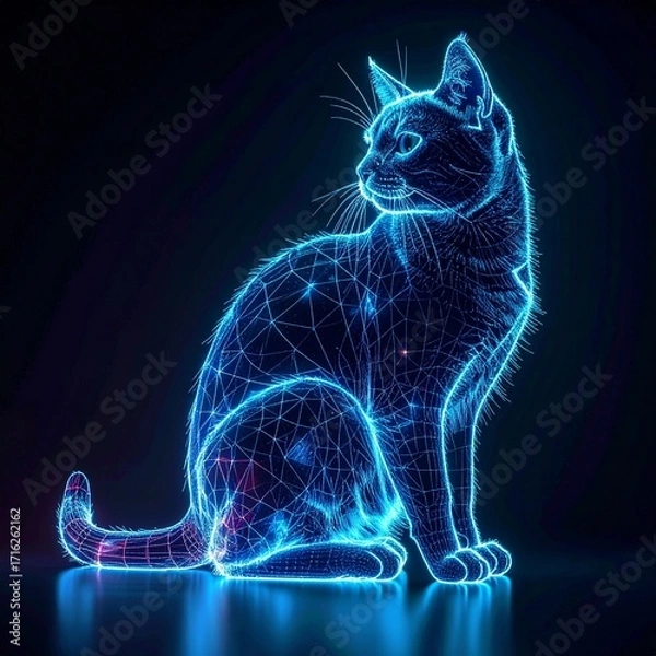 Fototapeta Dynamic neon-lit feline-hologram captivating a futuristic cyber-world, displaying a mesmerizing glow of blue and pink digital light on a dark background