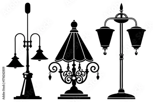 Fototapeta Lighting set vector silhouette chandelier, desk lamp and floor lamp