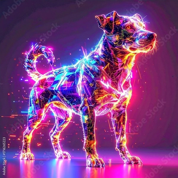 Fototapeta A futuristic-holographic dog composed of glowing neon-scanline fragments and digital glitch-distortion, creating a vibrant, high-tech animal projection