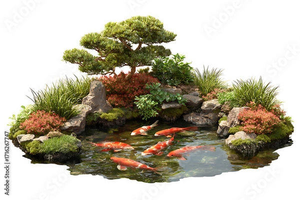 Fototapeta Serene koi pond with lush greenery, rocks, and vibrant fish, creating a tranquil and zen-like outdoor oasis perfect for relaxation