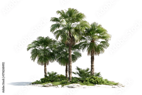 Fototapeta Tropical palm trees on a small island with lush green foliage and bright sunlight, perfect for travel and vacation themes
