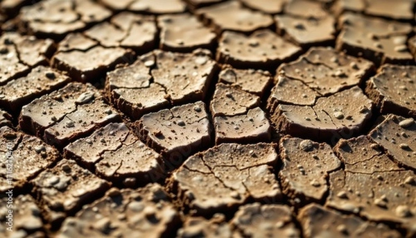 Fototapeta abstract natural patterns in cracked mud, earthy textures, sunlight emphasizing relief, realistic macro photography, high resolution detailed surface, organic artistic composition of ground textures