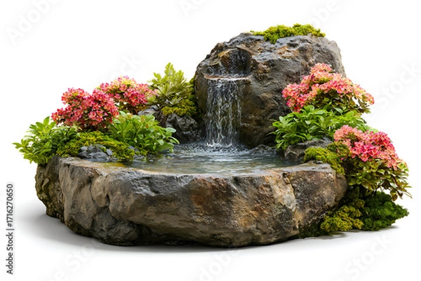 Fototapeta Serene miniature waterfall with vibrant pink flowers and lush greenery creates a tranquil oasis perfect for relaxation and meditation spaces