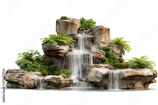 Fototapeta Serene cascading waterfall feature with lush greenery and rugged rock formations, perfect for relaxation and tranquility