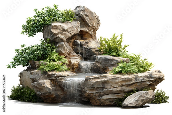 Fototapeta Serene rock garden waterfall cascading through lush greenery, creating a tranquil oasis perfect for relaxation and meditation spaces