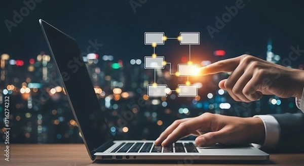 Fototapeta Innovative professional using workflow automation on laptop with bright city lights background for business solutions