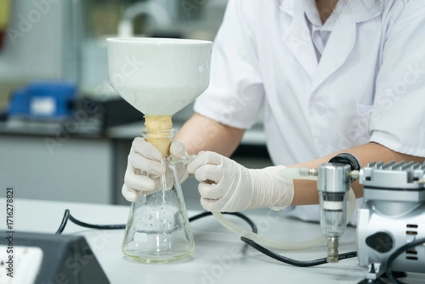 Fototapeta Medical Student Conducting Lab Experiment with Glassware