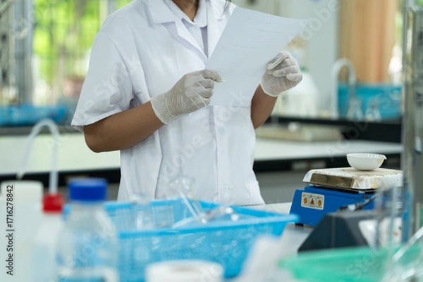 Fototapeta Medical Student Conducting Lab Experiment with Glassware