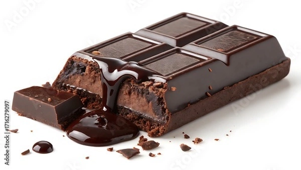 Fototapeta Dark chocolate bar with dripping melt, sweet indulgence for dessert menu, advertising luxury chocolate brand or food blog header.