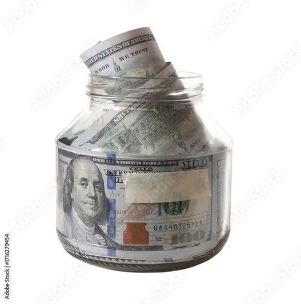Fototapeta Dollar bills in glass jar isolated as stupid concept storage money.