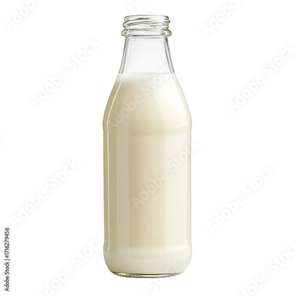 Fototapeta A clear glass bottle filled with fresh. creamy milk stands upright against a plain white background. ideal for food and beverage photography. purity and freshness