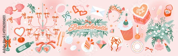 Fototapeta Bachelorette party. Cute vector illustration of bride decor, chandelier with bows, champagne, cake, envelope, glasses, headband, flowers, swimsuit for invitation, greeting card, icons, print, stickers