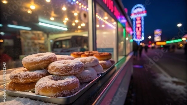 Fototapeta Powdered sugar donuts on street. Suitable for food blogs, carnivals, summer festivals, and event promotions with a sweet theme.