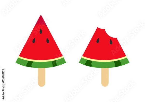 Fototapeta Vector illustration of two watermelon popsicles. One popsicle is whole, while the other has a bite taken out of it.