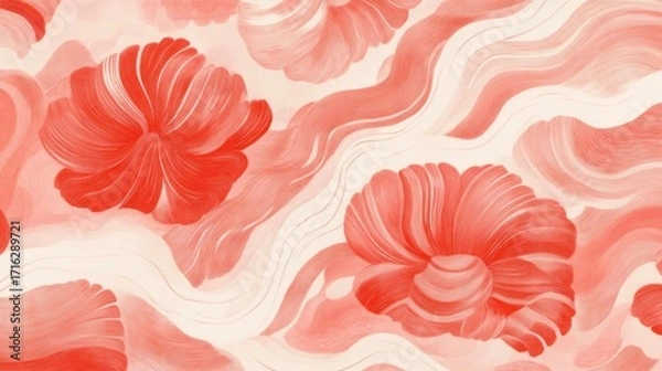 Fototapeta Abstract coral red floral pattern on a wavy background.
