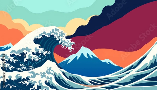Fototapeta Majestic ocean waves crashing against mountains coastal scene digital art colorful sunset vibrant sky