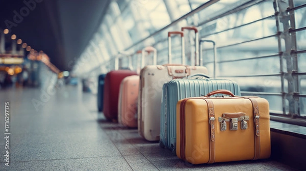 Fototapeta Colorful suitcases lined up at an airport terminal awaiting departure travel journey vacation
