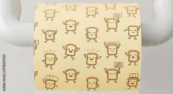 Obraz Whimsical Toast Rolls: A roll of toilet paper playfully showcases an array of animated, jovial toast characters on a beige and tan palette, embodying cheerful design in home essential. 