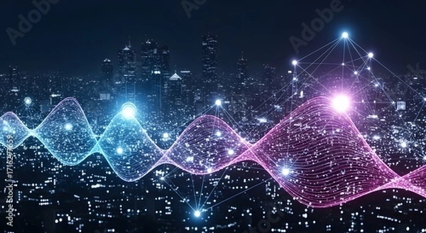 Obraz Digital Waveforms in Metropolis: A stunning digital rendering depicting dynamic waveforms overlaid on a sprawling cityscape, illustrating the interconnectedness of modern technology.