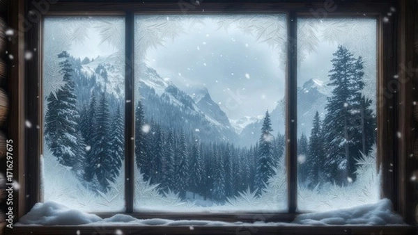 Fototapeta Snowy window view of winter mountains and forest