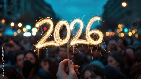 Fototapeta Sparklers forming 2026 in a crowd celebration