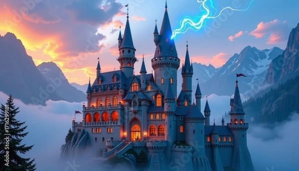 Fototapeta Majestic castle surrounded by mountains and lightning fantasy landscape evening atmosphere aerial view enchantment