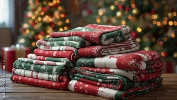 Fototapeta Stacked blankets with Christmas tree background