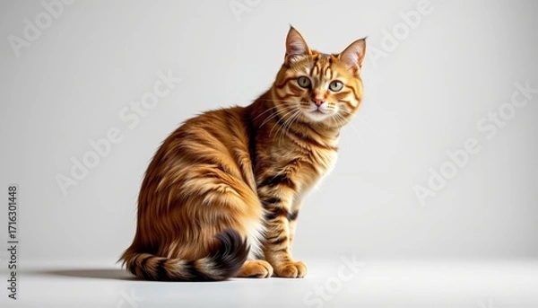 Fototapeta Playful domestic cat poses gracefully studio setting portrait soft lighting animal behavior