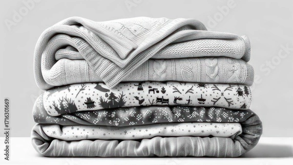 Fototapeta Stacked gray blankets and throws