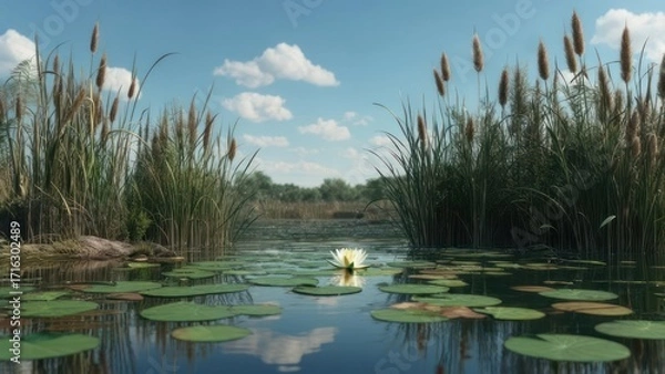 Fototapeta Still water pond with lily pad and cattails