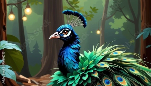 Fototapeta Vibrant peacock displaying feathers in enchanted forest wildlife photography serene natural environment